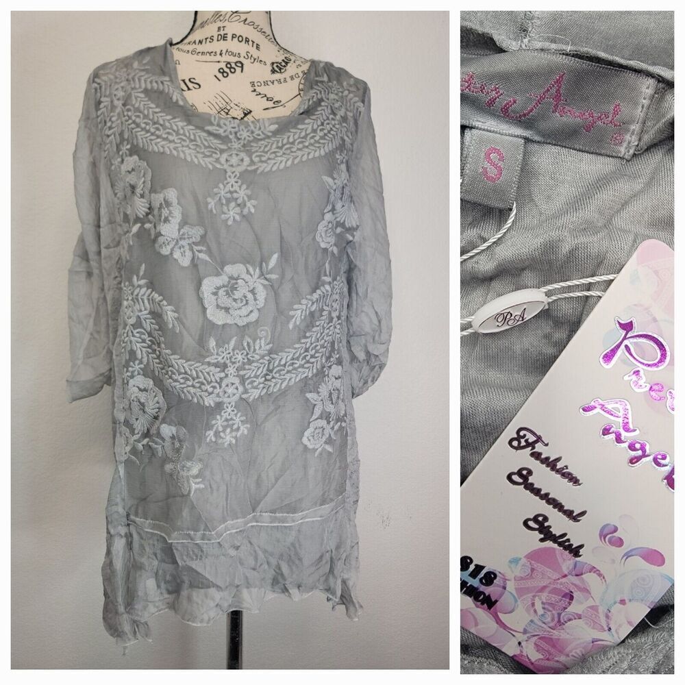 Pretty Angel Fairy Tunic Top S Silk Lace 3/4 Sheer Sleeves Romantic Whimsycal